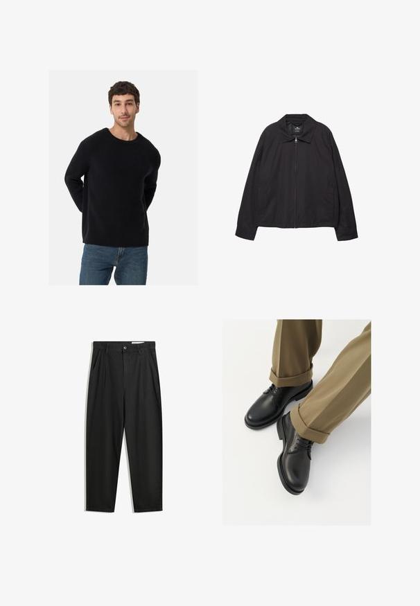 Svart zip-up jacka med spetsig krage, sidofickor och en lätt, slät textur. Enkel design med avslappnad passform.; Svart ribbad tröja med rund halsringning och avslappnad passform. Mjuk textur, långa ärmar, kombinerad med blå jeans.; Svarta bomullsshorts med avslappnad passform, med en klassisk midja, framveck och sidfickor. Slät textur utan mönster.; Svarta läderdressskor med en slät yta, med snören och rund tå, kombinerat med uppvikt khakibyxor.
