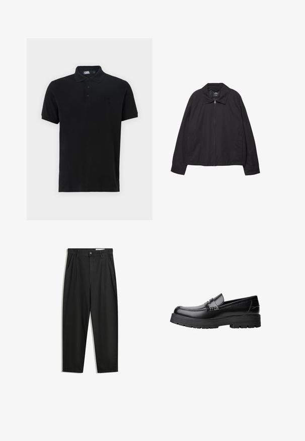 Fekete zipzáras dzseki hegyes gallérral, oldalsó zsebekkel és könnyű, sima textúrával. Egyszerű dizájn, laza szabással.; Fekete pólóing puha pamutból. Gallérral, három gombos felső résszel és hímzett "K" logóval a bal mell részen. Rövid ujjú.; Fekete pamut nadrág laza szabással, klasszikus derékrésszel, elülső hajtásokkal és oldalsó zsebekkel. Simább textúra minta nélkül.; Fekete bőr loaferek vastag, bordázott talppal és díszcsíkkal az upper rész felett, bal oldali profilmódban, fehér háttér előtt.