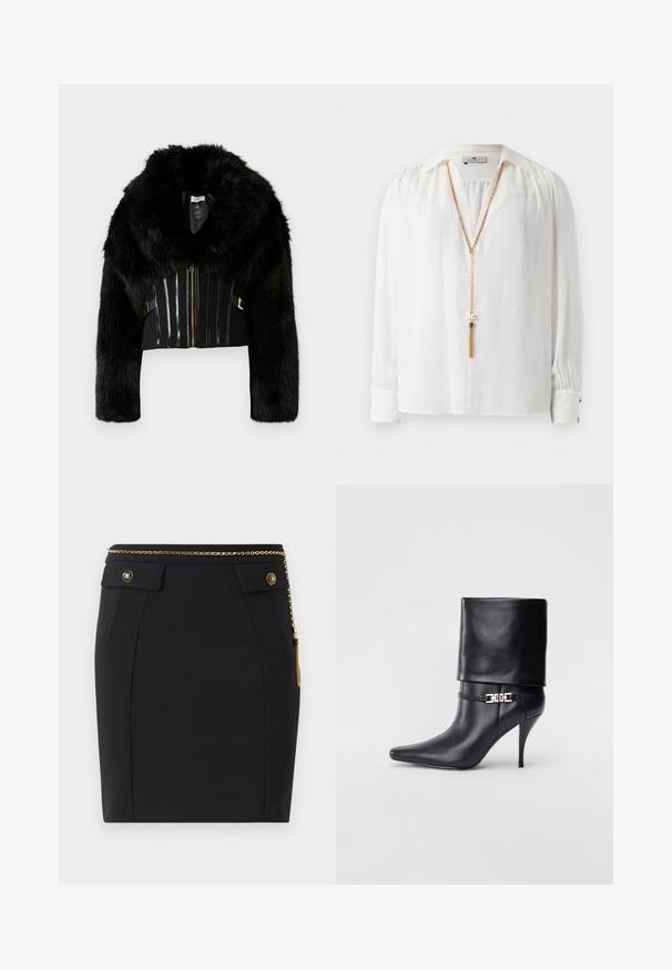 Črna umetna krznena skrajšana jakna z širokim ovratnikom, dolgimi rokavi, sprednjim zadrgo in dekorativnimi vertikalnimi črtami na trupu.; Bela bluzica z dolgimi rokavi z nabranimi rameni, s poudarjenim ovratnikom, gumbnimi manšetami in dolgo zlatim verižnim nakitom z detajlom fru-fru.; Črna prilegajoča krila z žepoma na sprednji strani, zlatimi dekorativnimi gumbi in tankim zlatim verižnim pasom s šalom na desni strani.; Črne usnjene gležnjarje z ostrim nosom, visokim stiletto peto, zavihanim robom in zlatim okrasnim zaponko na gležnju.