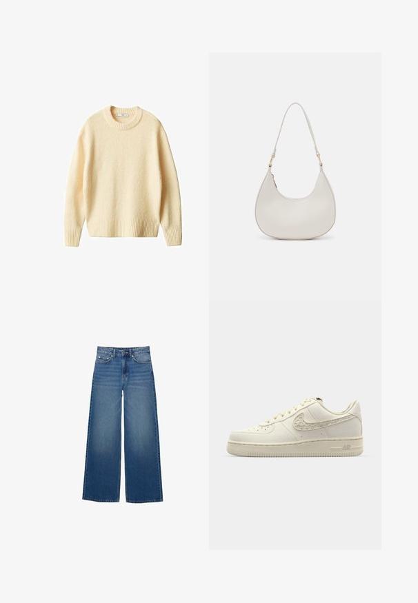 Manteau en laine beige avec une taille ceinturée, col à revers, manches larges et deux grandes poches avant. Texture lisse et design mi-long.; Pull en tricot couleur crème avec un col rond, des poignets et un ourlet côtelés. Texture douce avec une coupe légèrement ample, arborant un design simple et épuré.; Jean bleu à jambes larges en denim, avec une taille haute, des coutures accentuées et un design simple avec un léger effet délavé.; Baskets Nike Air Force 1 en toile écrue, avec un swoosh texturé, un bout rond, des lacets plats et une semelle en caoutchouc à motifs.; Sac épaule en cuir crème en forme de croissant, avec une fine sangle et des détails de coutures subtils. Design minimaliste avec des accents en métal doré.