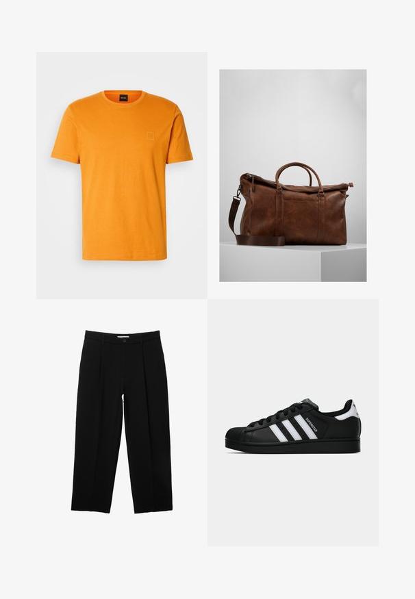 Fekete cipzáros kapucnis pulóver rugalmas mandzsettákkal és aljjal, két elülső zsebbel, állítható húzózsinóros kapucnival, valamint fehér bolyhos béléssel a kapucni belsejében.; Rövid ujjú póló élénk narancssárga színben, pamutból készült. A bal felső sarokban egy kis négyzet alakú logó folt van, kerek nyakkivágással.; PULL&BEAR DARTED - Nadrágok - black; Fekete Adidas Superstar sportcipő fehér csíkokkal, kagyló orral és "Superstar" felirattal az oldalán, oldalról bemutatva, fehér háttér előtt.; Barna bőr sporttáska cipzáras záródással, dupla fogantyúval, állítható vállpánttal és látható textúrákkal a felületen.