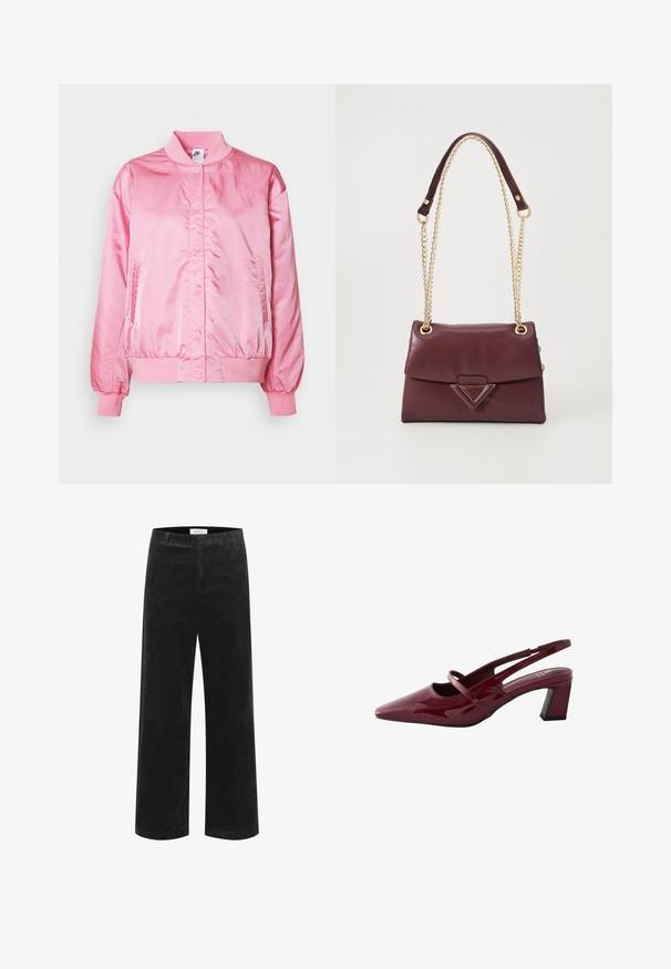 Rosa Satin-Bomberjacke mit geripptem Kragen, Druckknopfverschluss und Seitentaschen; mit elastischen Bündchen und Saum.; Langärmliges Oberteil mit Rundhals-Ausschnitt in tiefem Burgunderrot, aus einem weichen Stoff mit glatter Textur und minimalen Nähdetails.; Schwarze Corduroy-Hose mit weitem Bein, vertikalen Rippungen, strukturiertem Bund und flachem Vorderteil. Der Stoff sieht weich aus und hat einen leichten Glanz.; Next FOREVER COMFORT SQUARE TOE - REGULAR FIT - Pumps - red; Burgunderfarbene Lederhandtasche mit einem umschlagbaren Klappdeckel, ausgestattet mit einem goldenen Kettenriemen und einem dreieckigen Metallelement auf der Vorderseite. Glatte Textur.