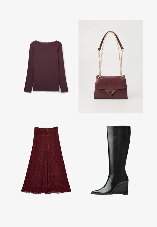 Pink satin bomber jacket with a ribbed collar, snap-button closure, and side pockets; features elasticized cuffs and hem.; Long-sleeve, scoop-neck top in deep burgundy, made from a soft fabric with a smooth texture and minimal stitching details.; Long burgundy lace skirt with an A-line silhouette and semi-transparent floral pattern.; Knee-high black leather boots with a sleek, pointed toe and a wedge heel. The surface is smooth with a glossy finish.; Burgundy leather handbag with a fold-over flap, featuring a gold chain strap and a triangular metal accent on the front. Smooth texture.