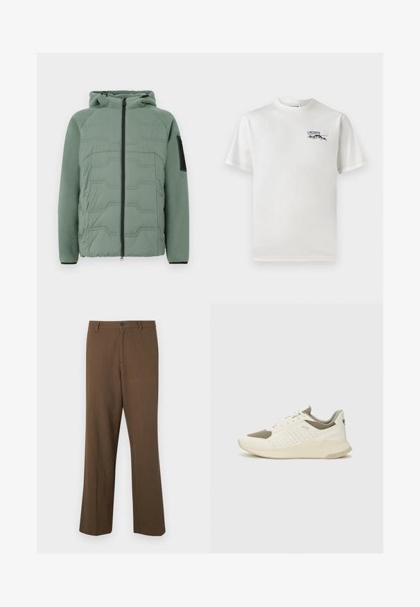 Žalias paminkštintas paltas su kapišonu, turintis tekstūruotą priekį, užtrauktuką, dvi priekinės kišenes ir juodą akcentą kairiajame rankovėje.; Baltas medvilninis marškinėliai su apykakle, trumpomis rankovėmis ir mažas siuvinėtas logotipas, vaizduojantis kalnus ir tekstą ant kairiojo krūtinės.; Rudos, tiesiai supjaustyti kelnes, pagamintos iš tekstūruoto audinio, su mygtuko uždarymu ir standartine juosmens linija, šoninėmis kišenėmis ir pritaikytomis siūlėmis.; Baltas ir šviesiai bežinis sportinis kedas, su tinklo viršumi, perforuotais detalėmis ir tekstūruotu tarpine su logotipu ant kulno.
