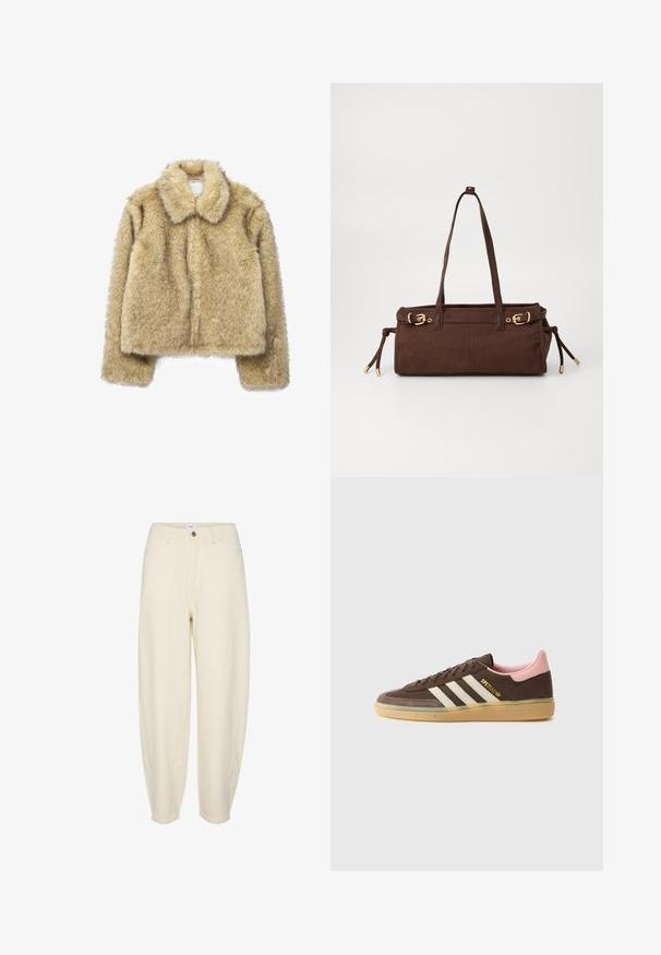 Šiks mākslīgā kažokādas apgrieztais jakas stils gaiši bežā krāsā ar mīkstu tekstūru, ar izgrieztu apkakli un garām piedurknēm; redzamu aizdari nav.; Baltā T-krekla izgatavots no kokvilnas, ar melnu apaļu kakla izgriezumu un trim melnām svītrām uz katra pleca. Mazs melns logo uz krūtīm.; Gaišbeigi kokvilnas bikses ar brīvu piegriezumu, sašaurinātiem galiem, priekšējām kabatām un vienu pogu jostas daļā.; adidas Originals HANDBALL SPEZIAL UNISEX - Treniņu apavi - dark brown/alumina/wonder mauve; Brūna zamšādas koferis ar divām plecu siksnām, zelta metāla aksesuāriem un regulējamām sānu saitēm. Iespējo ar rāvējslēdzēju un gludu tekstūru.