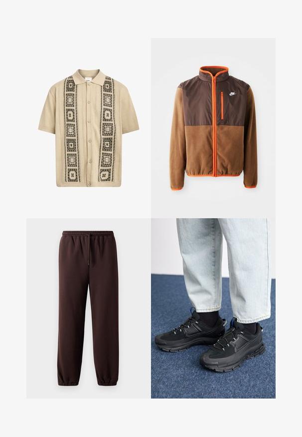 Giacca Nike con un corpo in pile marrone e una sezione superiore marrone scuro, dettagli arancioni, colletto alto e una tasca sul petto con zip.; Camicia beige a maniche corte con chiusura a bottoni, caratterizzata da motivi geometrici decorativi verdi e neri sul davanti e dettagli in maglia testurizzata.; Pantaloni jogger marroni con vita regolabile, polsini elasticizzati e morbido materiale di cotone. Presentano una vestibilità rilassata e un design minimal.; Scarpe sportive nere con tessuto testurizzato e suole in gomma, dotate di lacci elastici e un accento blu sul tallone. Indossate con pantaloni in denim chiaro.