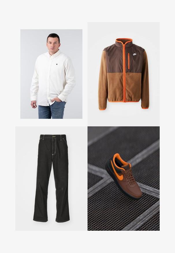 Nike-Jacke mit einem braunen Fleece-Körper und einem dunkelbraunen oberen Abschnitt, orangefarbigen Akzenten, hohem Kragen und einer mit Reißverschluss versehenen Brusttasche.; Weißes Hemd mit Knopfleiste und strukturiertem Finish, mit kleinem schwarzem Logo auf der linken Brust, kombiniert mit blauen Jeans.; Schwarze Denim-Jeans mit lockerer Passform, kontrastierenden weißen Nähten, einem Knopfverschluss und geradem Bein.; Braune Ledersneaker mit orangefarbenen Akzenten, runder Zehenpartie, Schnürdesign und strukturiertem Obermaterial. Grüne Gummisohle mit sichtbarem "AIR"-Branding.
