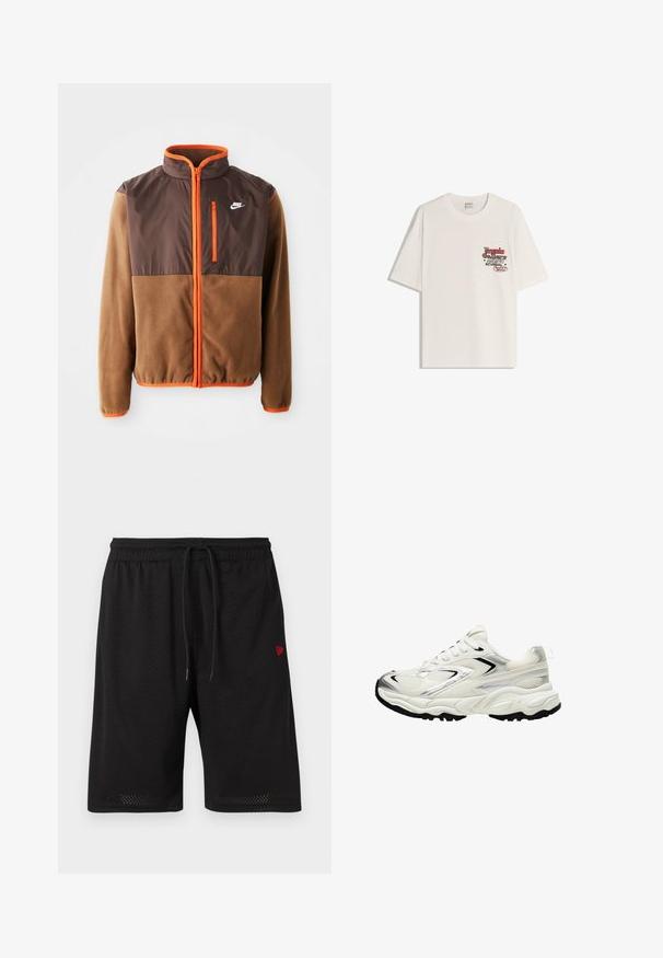 Nike jakna s tijelom od smešnog flisa i tamnosmešnim gornjim delom, narančastim akcentima, visokim ovratnikom i džepom na grudima sa patentnim zatvaračem.; Bijela pamučna majica kratkih rukava, s okruglim izrezom. Sadrži tiskanu grafiku u crvenom i crnom tekstu na lijevoj strani prsnog područja.; Crne mrežaste kratke hlače s elastičnom gumom u struku, podesivim vezicom i malim crvenim logom na lijevoj strani. Lagana i prozračna tkanina.; Bijele tenisice s mrežastim gornjim dijelom, srebrnim naglascima, crnim potplatom i teksturiranim panelima. Imaju vezivanje na vezice i zaobljen oblik prstiju.