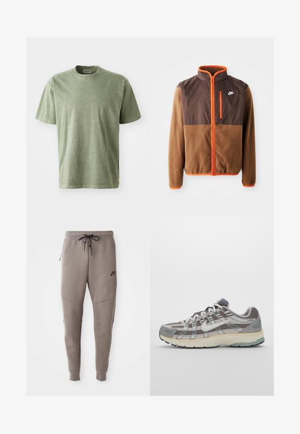 Nike jakke med en brun fleece krop og mørkebrun øverste del, orange detaljer, høj krave og en lynlåslomme på brystet.; Oliven grøn bomuld T-shirt med korte ærmer, rund halsudskæring og en subtil tekstur. Har et lille logotag på siden.; Grå Nike joggingbukser med snoretræk i taljen, tapered ben, sidelommer og markante sømdetaljer. Blødt, struktureret stof.; Grå sportssko med overdel i mesh og ruskind, hvide accenter, en polstret sål og et særpræget design med reflekterende elementer.