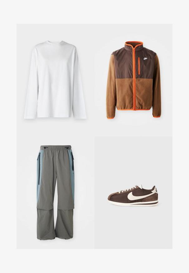 Nike-Jacke mit einem braunen Fleece-Körper und einem dunkelbraunen oberen Abschnitt, orangefarbigen Akzenten, hohem Kragen und einer mit Reißverschluss versehenen Brusttasche.; Weekday OVERSIZED LONG SLEEVE - Langarmshirt - white; Graue Outdoor-Hosen mit weitem Beinansatz, ausgestattet mit dunkelblauen Seitenpaneelen und Reißverschlusstaschen. Hergestellt aus leichtem, atmungsaktivem Material.; Brauner Sneaker aus einer Mischung von Wildleder und Canvas-Materialien, mit einem weißen Nike-Swoosh-Logo und einer strukturierten Gummisohle.