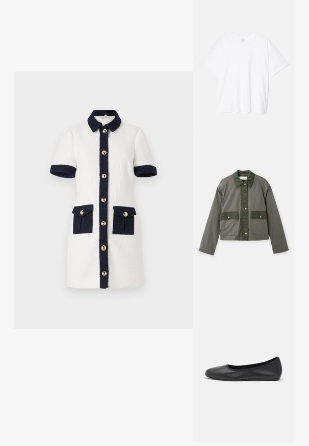 Vanessa Bruno ENGIE - Summer jacket - olive; Short-sleeve dress in white textured fabric with navy collar, buttons, and pockets. Features gold button accents and contrasting pockets.; White cotton t-shirt with short sleeves, round neckline, relaxed fit, and stitched hem. Label visible on the inside neck.; Black leather ballet flat with a rounded toe, smooth texture, minimal stitching detail, and a flexible sole design.
