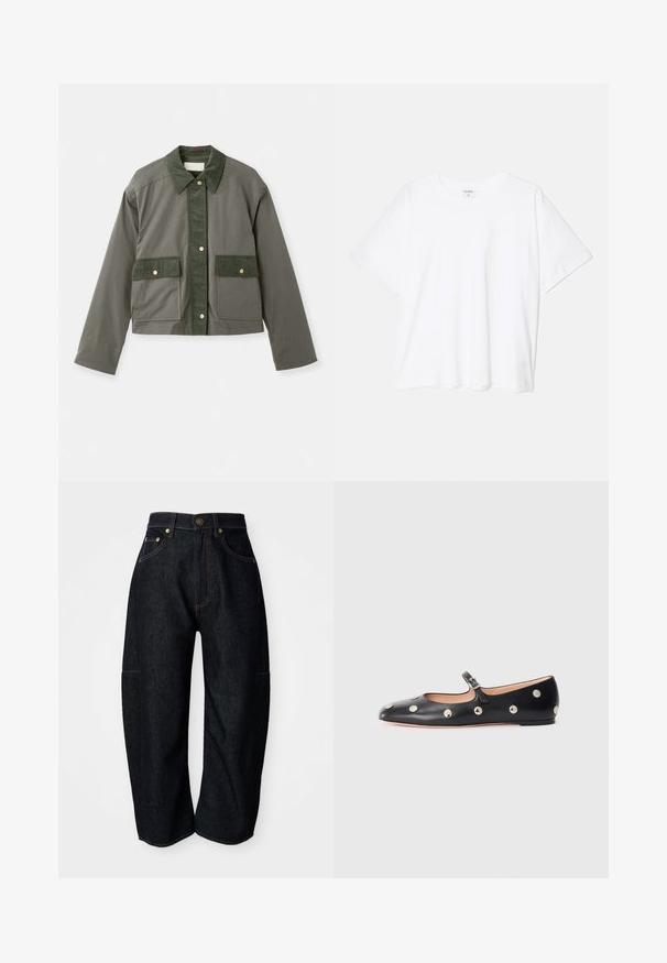 Vanessa Bruno ENGIE - Poletna jakna - olive; Bela bombažna majica s kratkimi rokavi, okroglim izrezom, sproščenim krojem in šivanim robom. Oznaka vidna na notranji strani izreza.; Temne kavbojke z ohlapnim krojem, ki vključujejo subtilno oranžno šivanje, sprednje žepke in ravno pasnico z gumbom.; Črne usnjene Mary Jane balerinke z zaobljenim noskom, opremljene z zlatimi krožnimi mošnjo in nastavljivim trakom z zaponko.
