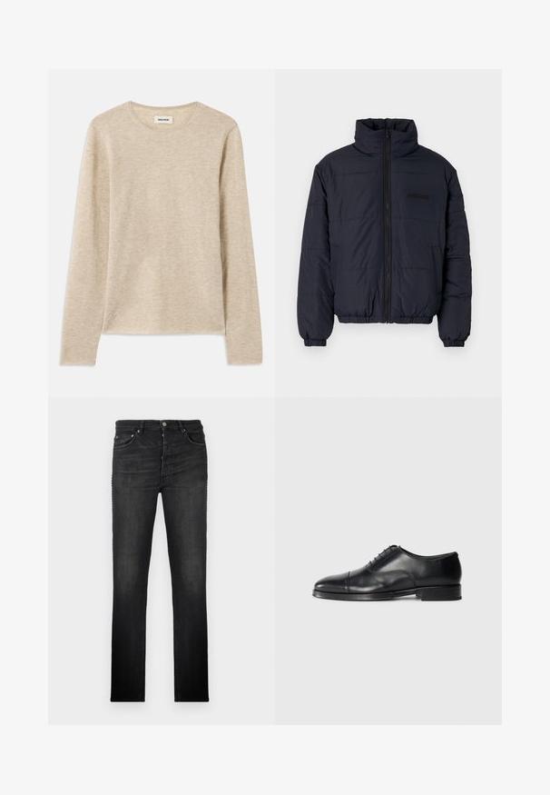 Giacca imbottita nera con colletto alto, cerniera frontale, polsini elastici e orlo a bande. Presenta una finitura testurizzata con cuciture orizzontali.; Camicia lunga beige in tessuto morbido, con scollatura rotonda e sottile dettaglio di cucitura in basso a sinistra.; Jeans in denim nero con design a gamba dritta, cinque tasche e accessori in metallo; texture liscia e minimo dettagli di scoloritura.; Scarpa da uomo in pelle nera con punta arrotondata, texture liscia, design con lacci e un delicato dettaglio di cucitura, caratterizzata da un tacco basso e piatto.