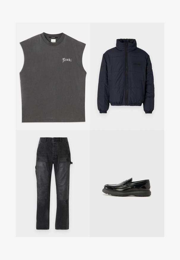 Fekete párnázott dzseki magas gallérral, elől cipzárral, rugalmas mandzsettákkal és bandázott aljjal. Jellemzője a texturált felület és a vízszintes varrások.; Szürke ujjatlan póló kerek nyakkivágással, fehér "Ksubi" logóval az elején. Puha pamutból készült, laza szabású.; Fekete farmernadrág, kontrasztos fekete bőrpanelekkel, egyenes szabású dizájnnal és diszkrét kopottas részletekkel az anyagon.; Fekete bőr loafer, fényes felülettel, kerek orral, diszkrét varrási részletekkel és vastag gumitalppal a tartósság érdekében.