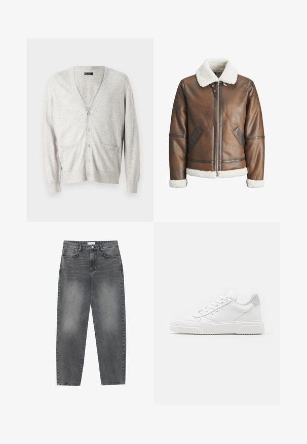 Brūna ādas bumbieru mēteli ar baltu kažokādas apkakli un aprocēm, izceļas ar rāvējslēdzēju un sānu kabatām. Akcentēts ar ādas apdari.; GAP CASH SOFT - Adīta jaka - grey; Balta kokvilnas T-kreklu ar īsām piedurknēm, apaļu kakla izgriezumu un sarkanu grafisku tekstu "GARDI ATSPIRDZINOŠI AUGĻI" priekšpusē.; Augsta vidukļa, platā stila džinsi izbalējušā melnā denima. Ar pieciem kabatām, jostas cilpām un tīru, taisnu kāju dizainu.; Baltie ādas sporta apavi ar gludu virsmu, noapaļotu purngalu, plakaniem šņorēm un reljefa zoli. Pelēks zamšādas akcenti pie papēža.