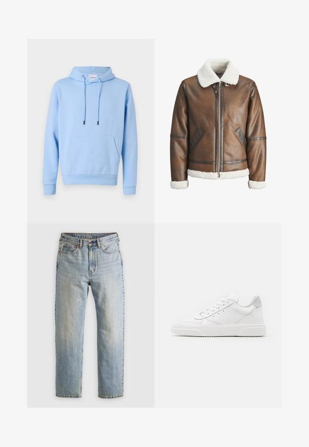 Brun læderbomberjakke med en hvid skindkrave og manchetter, udstyret med lynlåslukning og sidelommer. Pyntet med læderkant.; Lyseblå hættetrøje i blødt materiale, med en frontkangaroo lomme, justerbare snore og ribbede manchetter og kant.; Lysblå denim jeans med høj talje, frontknap, lynlås og fem-lomme design, lagt fladt på en neutral baggrund.; Hvide lædersneakers med en glat finish, rund tå, flade snørebånd og en struktureret sål. Grå ruskindsdetalje ved hælen.