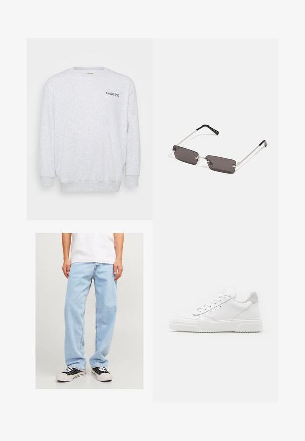 Brun læderbomberjakke med en hvid skindkrave og manchetter, udstyret med lynlåslukning og sidelommer. Pyntet med læderkant.; Lys grå sweatshirt lavet af fleece materiale. Har rund hals, lange ærmer og "Club1990" trykt i sort på forsiden.; Lyseblå denimjeans med en afslappet pasform, der har et lige ben-design og standard syning, kombineret med sorte sneakers.; Hvide lædersneakers med en glat finish, rund tå, flade snørebånd og en struktureret sål. Grå ruskindsdetalje ved hælen.; Solbriller med rektangulære, mørke grå linser, sølv metalrammer og sorte plastiks spidser på stængerne. Letvægtsdesign med næsepuder.