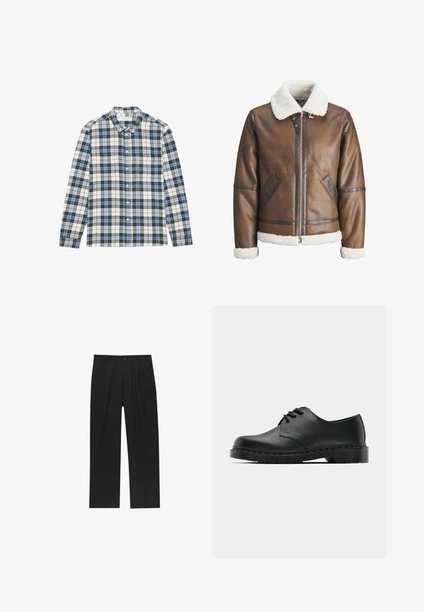 Giacca bomber in pelle marrone con colletto e polsini in shearling bianco, dotata di chiusura con zip e tasche laterali. Accentuata con finiture in pelle.; Camicia a scacchi verde e bianca con dettagli blu, dotata di colletto button-down, maniche lunghe e taschino sul petto. Realizzata in tessuto morbido.; Pantaloni neri con un design a gamba dritta, realizzati in un tessuto liscio. Presentano pieghe frontali e una chiusura a un bottone in vita.; Scarpa oxford in pelle nera con design con lacci, punta arrotondata, suola piatta in gomma e dettagli di cucitura discreti lungo la parte superiore.