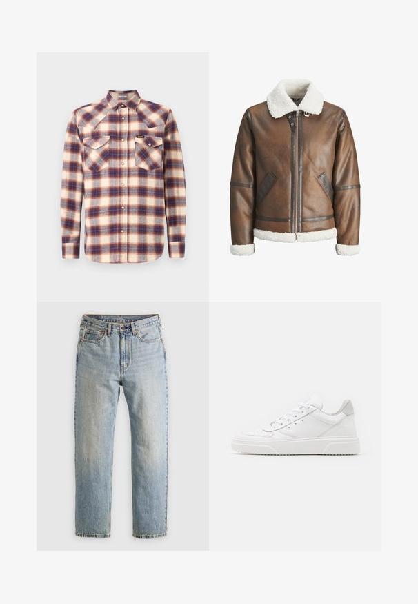 Rudas odinė bomberio striukė su balta avikailio apykakle ir rankovėmis, su užtrauktuku ir šoninėmis kišenėmis. Papuošta odiniais akcentais.; Sviestinės, mėlynos ir raudonos langelių rašto flanelinė marškiniai. Su smailiu apykakle, dviem krūtinės kišenėmis ir snapelių užtrauktuku. Minkšta tekstūra.; Šviesiai mėlynos džinsinės kelnės su aukštu liemeniu, priekyje mygtukas, užtrauktukas ir penkių kišenių dizainas, išklotos ant neutralios fono.; Balti odiniai sportbačiai su lygiu paviršiumi, apvaliu pirštu, plokščiomis raištelėmis ir struktūrizuota padu. Pilko zimšo akcentas ant kulno.
