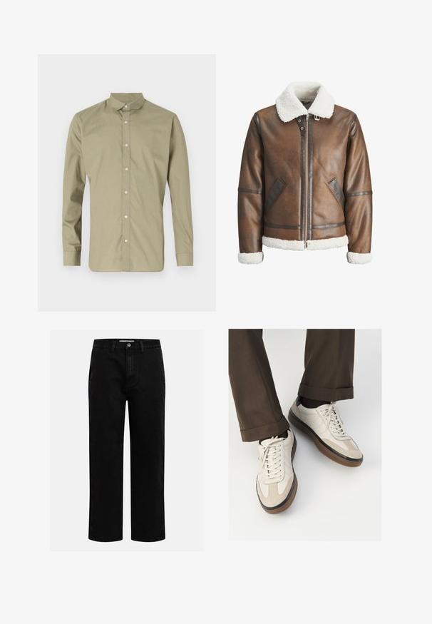 Brown leather bomber jacket with a white shearling collar and cuffs, featuring zip closure and side pockets. Accented with leather trim.; Olive green button-up shirt with a pointed collar, long sleeves, and a smooth texture, featuring clear plastic buttons along the front.; Cream-colored cotton t-shirt with short sleeves, featuring a round neckline accented by navy and white stripes. Smooth texture, relaxed fit.; Black denim pants with a straight-leg cut, classic five-pocket design, and a button closure at the waist. Smooth texture and durable fabric.; Beige sneakers with a textured suede front, smooth leather sides, and a brown rubber sole. Laces and light stitching detail included.