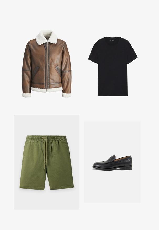 Pruun nahk bomber-jakk valge kitsesoomuse krae ja mansettidega, millel on tõmblukk ja küljetaskud. Tootel on nahast äärised.; Mustalane puuvillane t-särk lühikeste varrukatega ja ümarate kaelustega. Kangas on sileda tekstuuriga ja lihtsa, ühtlase disainiga.; Khaki rohelised lühikesed püksid, mis on valmistatud pehmest puuvillast, elastse krae ja paelaga ning küljetaskutega. Sile tekstuur, juhuslik disain.; Mustad mustad nahast loafers, sujuva viimistlusega, ümar sirge ja dekoratiivne tikand peal. Madal ja kergelt kuhjatud konts ning kerge läige.