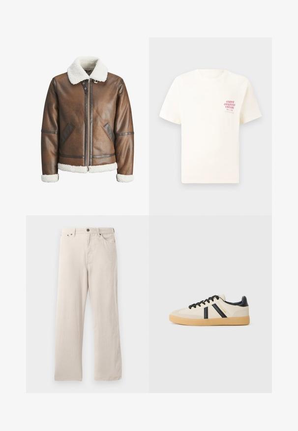 Καφέ δερμάτινο αεροπορικό μπουφάν με λευκή γούνα στον γιακά και στα μανίκια, διαθέτει φερμουάρ και πλαϊνές τσέπες. Έχει και λεπτομέρειες από δέρμα.; Άσπρη κοντομάνικη μπλούζα με κόκκινο κείμενο "Studio Originals Edition" στο αριστερό στήθος, παρουσιασμένη σε ουδέτερο γκρι φόντο.; Μπεζ καμπάνες από κορντούρα με ίσια γραμμή, που διαθέτουν ριγωτή υφή, σχέδιο πέντε τσεπών και κλείσιμο με κουμπί.; Καθημερινά αθλητικά παπούτσια σε κρέμ χρώμα με μαύρες ρίγες, που διαθέτουν υφασμάτινο επάνω μέρος και σόλα από καουτσούκ. Τα κορδόνια είναι μαύρα. Διακριτό λογότυπο στο πλάι.