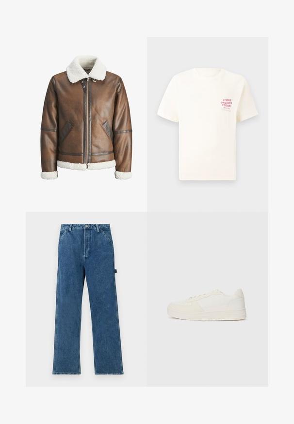 Veste bombardier en cuir marron avec un col et des poignets en shearling blanc, équipée d'une fermeture éclair et de poches latérales. Accentuée de garnitures en cuir.; T-shirt blanc à manches courtes avec le texte rouge "Édition Originals du Studio" sur la poitrine gauche, présenté sur un fond gris neutre.; Jeans en denim bleu avec une coupe droite, présentant une taille haute, un design à cinq poches et un léger délavage du tissu.; Baskets blanches avec un dessus en cuir lisse et des accents en daim. Elles disposent d'un bout perforé, de lacets plats et d'une semelle en caoutchouc avec des détails texturés.