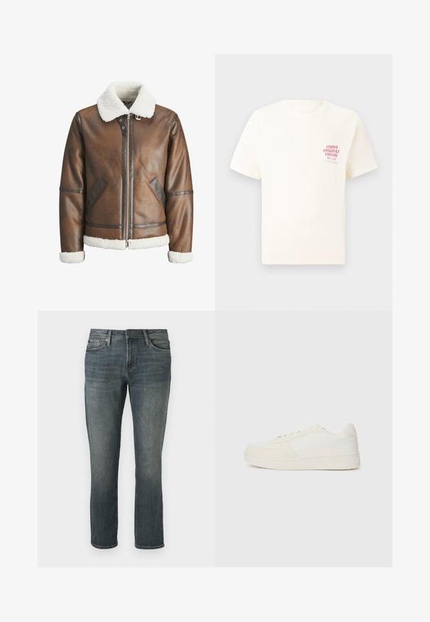 Braon kožni bomber jakna s bijelim krznom od ovce na ovratniku i manžetama, s patentnim zatvaračem i bočnim džepovima. Ukrašena kožnim detaljima.; Bijela kratka majica s kratkim rukavima s crvenim natpisom "Studio Originals Edition" na lijevoj strani grudi, prikazana na neutralnoj sivoj pozadini.; Traperice ravnog kroja plave boje s blago izblijedjelim prednjim dijelovima na bedrima i koljenima, prednje zatvaranje na gumb i patentni zatvarač, te dizajn s pet džepova.; Bijela tenisica s gornjom površinom od glatke kože i akcentima od antilopa. Ima perforirani nos, ravne vezice i gumeni potplat s teksturiranim detaljima.