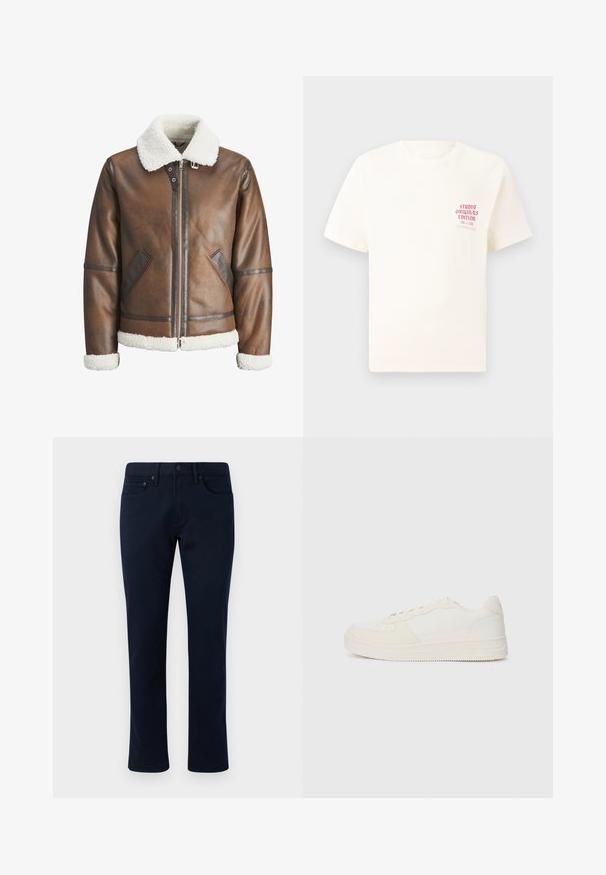 Jaqueta bomber de couro castanho com um colarinho e punhos de lã branca, apresentando fecho de zip e bolsos laterais. Acentuada com detalhes em couro.; T-shirt branca de mangas curtas com o texto vermelho "Edição Originais do Estúdio" no lado esquerdo do peito, apresentada sobre um fundo cinza neutro.; Calças de ganga azul-marinho com um corte justo, apresentando um design clássico de cinco bolsos e costuras subtis. Textura suave e sem adornos.; Sapatilha branca com um cabedal em couro liso e detalhes em camurça. Apresenta uma ponta perfurada, atacadores planos e uma sola de borracha com um acabamento texturizado.