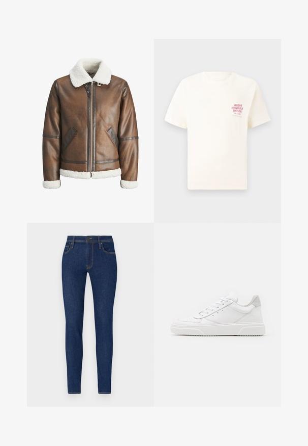 Pruun nahk bomber-jakk valge kitsesoomuse krae ja mansettidega, millel on tõmblukk ja küljetaskud. Tootel on nahast äärised.; Valge lühikeste varrukatega T-särk, millel on vasakul rinnal punane tekst "Studio Originals Edition", esitatud neutraalsel hallil taustal.; Kitsad teksad tumedas sinise denimis, oranži õmblustega. Omab kahte esi-taskut ja nupuvajutust. Sujuv tekstuur ja liibuv disain.; Valged nahast spordijalatsid siledast nahast viimistlusega, ümarate varvastega, lamekestega ja tekstuuriga tallaga. Hall suede aktsent kanna juures.