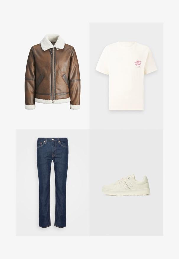 Hnědá kožená bomber bunda s bílým beránkovým límcem a manžetami, s zipovým zapínáním a bočními kapsami. Ozdobena koženými detaily.; Bílý krátký rukávový tričko s červeným textem "Studio Originals Edition" na levé hrudi, vystavené na neutrálním šedém pozadí.; Tmavě modré džíny rovného střihu s oranžovým prošíváním, pěti kapsami a zapínáním na knoflík a zip v přední části.; Světlé krémové tenisky s perforovanými detaily, šněrováním a logem na boku, vystavené na jednoduchém bílém pozadí.