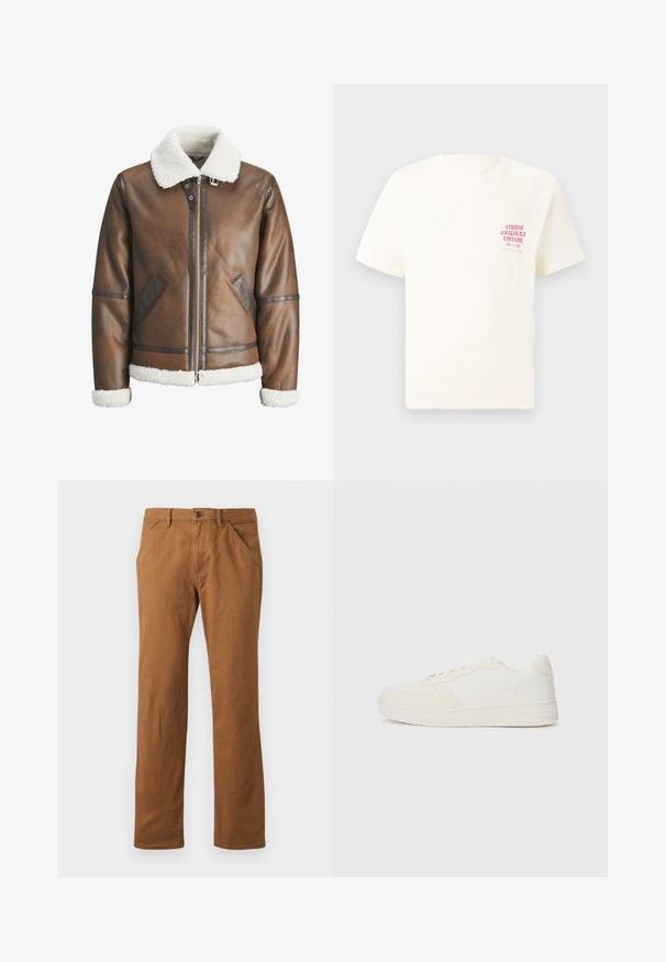 Ruskea nahkainen pommikonejacke, jossa on valkoinen keinonahka kaulus ja hihansuut, varustettu vetoketjukiinnityksellä ja sivutaskuilla. Korostettu nahkakaitaleilla.; Valkoinen lyhythihainen t-paita, jossa on punainen teksti "Studio Originals Edition" vasemmalla rinnalla, esitetty neutraalilla harmaalla taustalla.; Ruske puuvillabreeched suora leikkuuga, napeilla kiinnitetty, sivutaskut ja sileä pinta. Sopii rentoon käyttöön.; Valkoiset lenkkarit, joissa on sileä nahkainen päällinen ja mokkanahkaosia. Varustettu rei'itetyllä varpaalla, litteillä nauhoilla ja kumipohjalla, jossa on teksturoitua yksityiskohtaa.