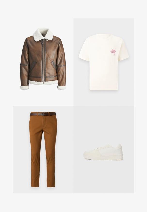 Brun læderbomberjakke med en hvid skindkrave og manchetter, udstyret med lynlåslukning og sidelommer. Pyntet med læderkant.; Hvid kortermet T-shirt med rød tekst "Studio Originals Edition" på venstre bryst, vist på en neutral grå baggrund.; Brune bomuldsbukser med slim fit, der har et brunt læderbælte og diskrete syninger. Glat tekstur og skræddersyet form.; Hvid sneaker med en glat læderoverdel og suede-detaljer. Har en perforeret tå, flade snørebånd og en gummisål med tekstureret detaljering.