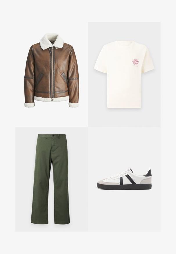 Braune Lederbomberjacke mit einem weißen Lammfellkragen und -manschetten, mit einem Reißverschluss und Seitentaschen. Akzentuiert mit Lederbesätzen.; Weißes T-Shirt mit kurzen Ärmeln und rotem Text "Studio Originals Edition" auf der linken Brust, präsentiert vor einem neutralen grauen Hintergrund.; Grüne, weit geschnittene Hose aus Baumwollmischgewebe, mit Knopfverschluss, Gürtelschlaufen und dezentem vertikalem Muster.; Weiße Sneaker mit schwarz- und grau-aczenten, ausgestattet mit einer strukturierten grauen Zehenkappe, schwarzer Gummi-Sohle und flachen weißen Schnürsenkeln. Sauberes Design, minimalistische Stil.