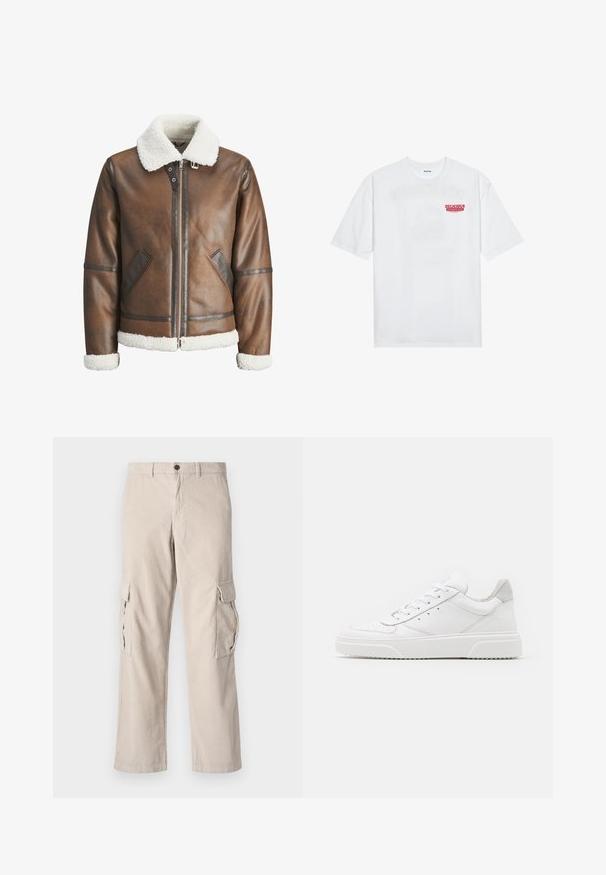 Veste bombardier en cuir marron avec un col et des poignets en shearling blanc, équipée d'une fermeture éclair et de poches latérales. Accentuée de garnitures en cuir.; T-shirt en coton blanc avec des manches courtes, col rond et un texte graphique rouge "FRUIT RAFRAÎCHISSANT DÉLICIEUX" à l'avant.; Pantalons cargo en velours côtelé beige avec deux poches latérales, une fermeture par bouton et une coupe évasée ; présente une texture à côtes verticales.; Des baskets en cuir blanc avec une finition lisse, un bout rond, des lacets plats et une semelle texturée. Accents en daim gris au niveau du talon.