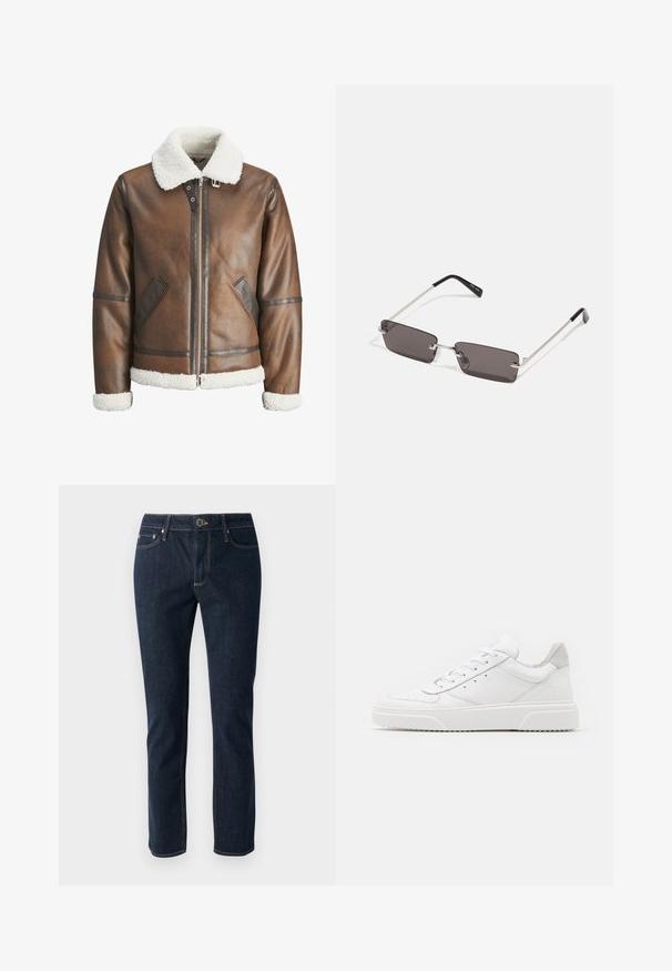 Jaqueta bomber de couro castanho com um colarinho e punhos de lã branca, apresentando fecho de zip e bolsos laterais. Acentuada com detalhes em couro.; T-shirt branca de algodão com mangas curtas, decote redondo e um gráfico vermelho com o texto "FRUTA DELICIOSA E REFRESCANTE" na frente.; Jeans de denim azul escuro com um design de perna reta, apresentando um fecho de botão, cinco bolsos e costura em contraste. Texture suave.; Ténis brancos em pele com acabamento suave, biqueira arredondada, atacadores planos e sola texturizada. Acento em camurça cinza na parte do calcanhar.; Óculos de sol com lentes retangulares, cinzentas escuras, armações em metal prateado e pontas em plástico preto nas hastes. Design leve com almofadas para o nariz.