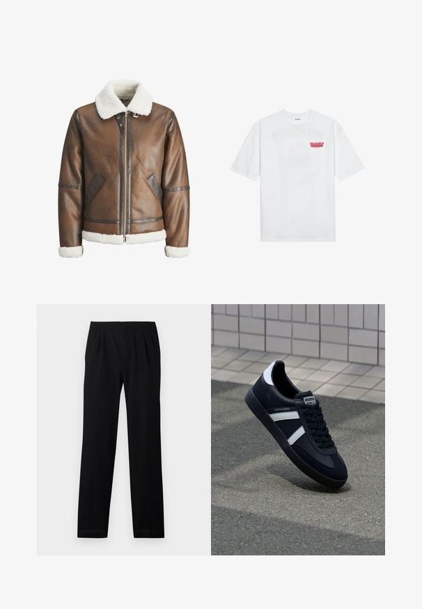 Brown leather bomber jacket with a white shearling collar and cuffs, featuring zip closure and side pockets. Accented with leather trim.; White cotton t-shirt featuring short sleeves, crew neck, and a red graphic text "DELICIOUS REFRESHING FRUIT" on the front.; Black trousers with an elastic waistband, straight legs, and subtle pleats. Smooth texture and lightweight material. No visible patterns.; Black leather sneaker with white stripes, textured rubber sole, and lace-up front. Features a branded label on the tongue.