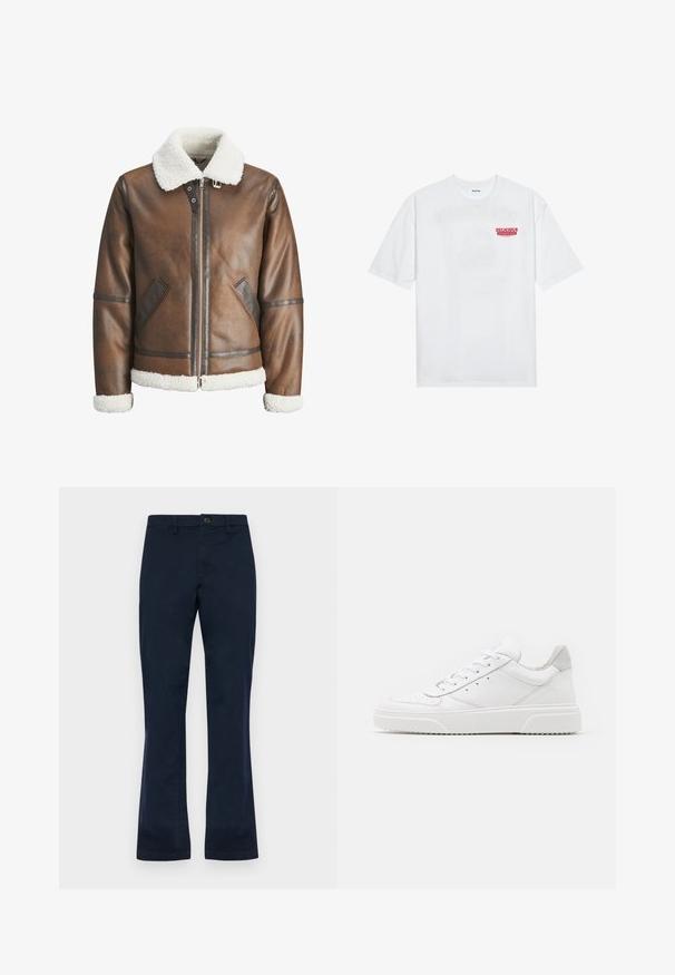 Rjav usnjeni bomberski jopič z belim ovčjim krznom na ovratniku in manšetah, z zadrgo in stranskima žepoma. Okrašen z usnjenimi detajli.; Bela bomba majica iz bombaža z kratkimi rokavi, krožno ovratnikom in rdečim grafičnim besedilom "OKUSNO OSVEŽILNO SADJE" na sprednji strani.; Temno modre bombažne hlače s ravnim krojem, ki imajo sprednjo zaponko, zanke za pas in dve stranski žepi. Gladka tekstura.; Bele usnjene športne copate z gladkim zaključkom, okroglo konico, ravnimi vezalkami in teksturiranim podplatom. Sivi semiš detajl na peti.
