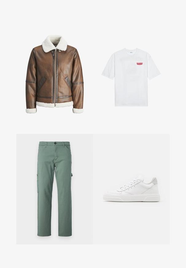 Brūna ādas bumbieru mēteli ar baltu kažokādas apkakli un aprocēm, izceļas ar rāvējslēdzēju un sānu kabatām. Akcentēts ar ādas apdari.; Balta kokvilnas T-kreklu ar īsām piedurknēm, apaļu kakla izgriezumu un sarkanu grafisku tekstu "GARDI ATSPIRDZINOŠI AUGĻI" priekšpusē.; Zaļas kravas bikses, kas izgatavotas no izturīga auduma, ar taisnu kāju dizainu, sānu kabatām un pogu aizdari. Gluda tekstūra un minimālisma stils.; Baltie ādas sporta apavi ar gludu virsmu, noapaļotu purngalu, plakaniem šņorēm un reljefa zoli. Pelēks zamšādas akcenti pie papēža.