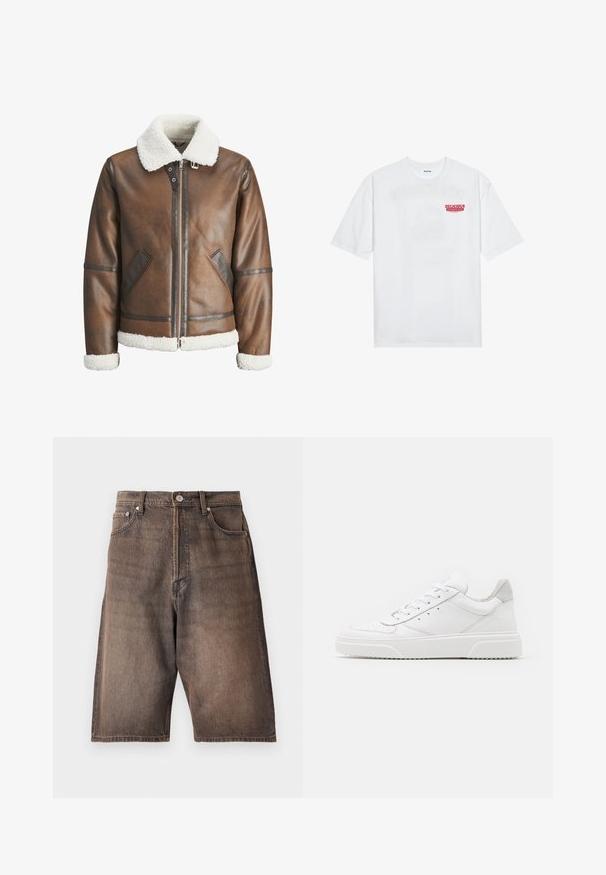Hnedá kožená bomber bunda s bielym ovčím golierom a manžetami, so zipsom a bočnými vreckami. Ozdobená koženými lemami.; Biele bavlnené tričko s krátkymi rukávmi, okrúhlym výstrihom a červeným grafickým textom "CHUTNÉ OSVIEŽUJÚCE OVOCIE" na prednej strane.; Džínové šortky vo vyblednutej hnedej farbe s priamym strihom. Obsahujú päť vreciek, pútka na opasok a zapínanie na gombík v páse.; Biele kožené tenisky s hladkým povrchom, zaoblenou špičkou, plochými šnúrkami a textúrovanou podrážkou. Sivý semišový akcent na päte.