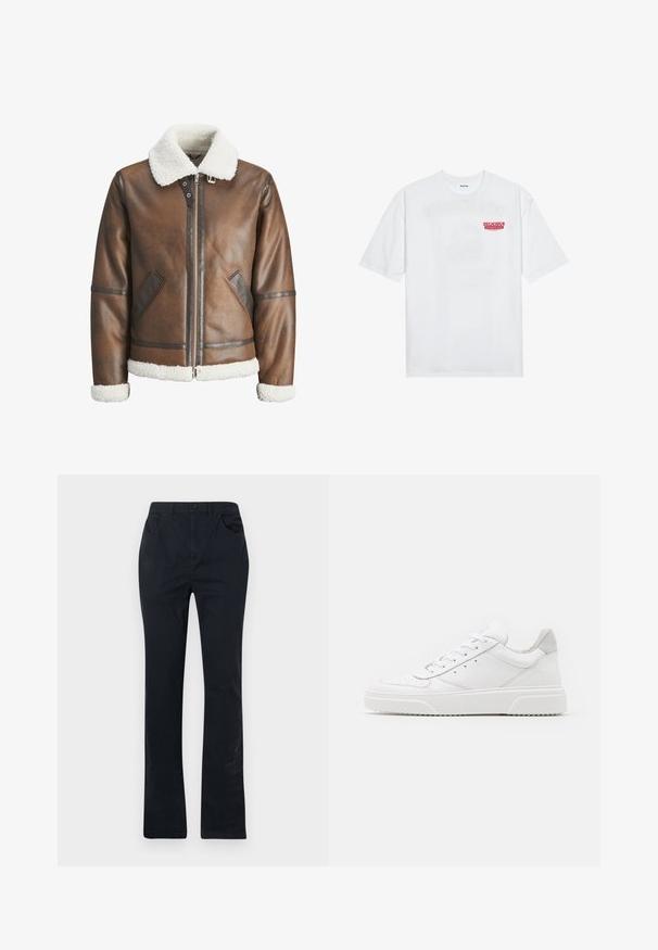 Rudas odinė bomberio striukė su balta avikailio apykakle ir rankovėmis, su užtrauktuku ir šoninėmis kišenėmis. Papuošta odiniais akcentais.; Balta medvilninė marškinėliai su trumpomis rankovėmis, apvaliu iškirpimu ir raudonu grafiniu tekstu "SKANI PAŽADINTI VAIŠIUS" priekyje.; Tamsiai mėlynos medvilninės kelnės su tiesiais kojų kirpimais, turinčios dvi priekinės kišenes, mygtukų užsegimą ir minimalistiškus siuvinėjimo akcentus.; Balti odiniai sportbačiai su lygiu paviršiumi, apvaliu pirštu, plokščiomis raištelėmis ir struktūrizuota padu. Pilko zimšo akcentas ant kulno.