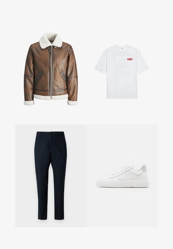 Jaqueta bomber de couro castanho com um colarinho e punhos de lã branca, apresentando fecho de zip e bolsos laterais. Acentuada com detalhes em couro.; T-shirt branca de algodão com mangas curtas, decote redondo e um gráfico vermelho com o texto "FRUTA DELICIOSA E REFRESCANTE" na frente.; Calças azul marinho feitas de um tecido de mistura de algodão, com um design de perna reta, fecho com botão e Bolsos laterais. Textura suave.; Ténis brancos em pele com acabamento suave, biqueira arredondada, atacadores planos e sola texturizada. Acento em camurça cinza na parte do calcanhar.