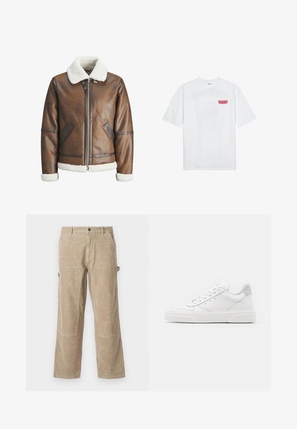 Brūna ādas bumbieru mēteli ar baltu kažokādas apkakli un aprocēm, izceļas ar rāvējslēdzēju un sānu kabatām. Akcentēts ar ādas apdari.; Balta kokvilnas T-kreklu ar īsām piedurknēm, apaļu kakla izgriezumu un sarkanu grafisku tekstu "GARDI ATSPIRDZINOŠI AUGĻI" priekšpusē.; Bežīgi korduroja bikses ar taisnu kāju, ar sānu kabatām un pastiprinātiem ceļgaliem. Strukturēta auduma ar vertikālu ribu.; Baltie ādas sporta apavi ar gludu virsmu, noapaļotu purngalu, plakaniem šņorēm un reljefa zoli. Pelēks zamšādas akcenti pie papēža.