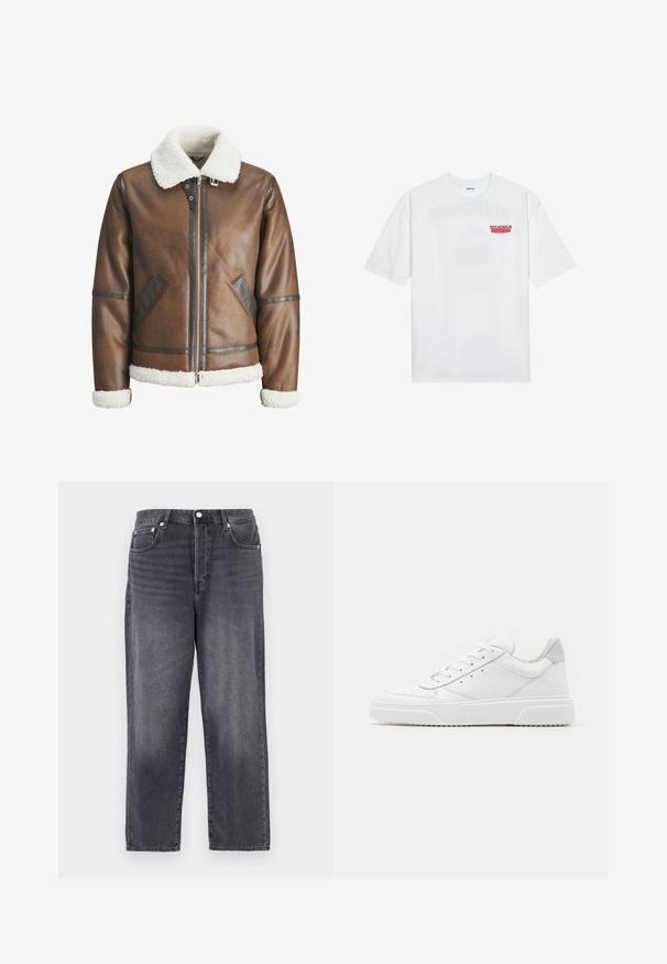 Brown leather bomber jacket with a white shearling collar and cuffs, featuring zip closure and side pockets. Accented with leather trim.; White cotton t-shirt featuring short sleeves, crew neck, and a red graphic text "DELICIOUS REFRESHING FRUIT" on the front.; Dark gray denim jeans featuring a straight-leg design, five pockets, and metal hardware. The fabric has a subtle texture and faded accents.; White leather sneakers with a smooth finish, rounded toe, flat laces, and a textured sole. Grey suede accent at the heel.