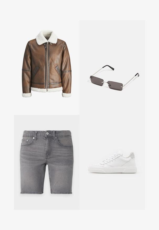 Brown leather bomber jacket with a white shearling collar and cuffs, featuring zip closure and side pockets. Accented with leather trim.; White cotton t-shirt featuring short sleeves, crew neck, and a red graphic text "DELICIOUS REFRESHING FRUIT" on the front.; Gray denim shorts with five pocket design, zip fly, silver hardware, and a slightly faded texture. Hem cut above the knee.; White leather sneakers with a smooth finish, rounded toe, flat laces, and a textured sole. Grey suede accent at the heel.; Sunglasses with rectangular, dark grey lenses, silver metal frames, and black plastic tips on the arms. Lightweight design with nose pads.