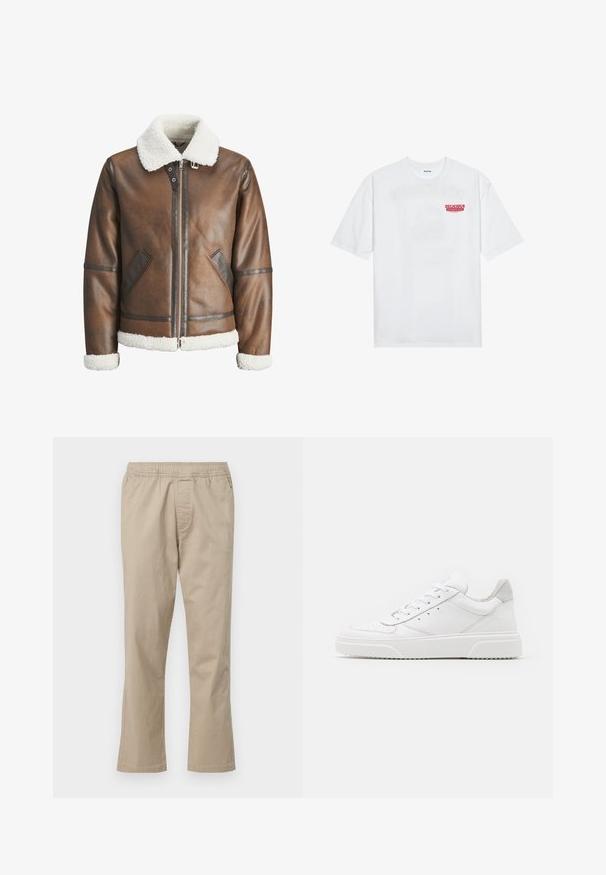 Brown leather bomber jacket with a white shearling collar and cuffs, featuring zip closure and side pockets. Accented with leather trim.; White cotton t-shirt featuring short sleeves, crew neck, and a red graphic text "DELICIOUS REFRESHING FRUIT" on the front.; Beige, cotton pants with an elastic waistband, straight leg design, and side seam pockets, featuring a smooth texture and no patterns.; White leather sneakers with a smooth finish, rounded toe, flat laces, and a textured sole. Grey suede accent at the heel.