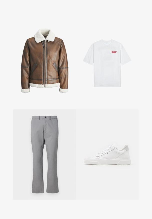 Veste bombardier en cuir marron avec un col et des poignets en shearling blanc, équipée d'une fermeture éclair et de poches latérales. Accentuée de garnitures en cuir.; T-shirt en coton blanc avec des manches courtes, col rond et un texte graphique rouge "FRUIT RAFRAÎCHISSANT DÉLICIEUX" à l'avant.; GAP SLIM PERFORMANCE STRETCH - Chino - pilot grey; Des baskets en cuir blanc avec une finition lisse, un bout rond, des lacets plats et une semelle texturée. Accents en daim gris au niveau du talon.