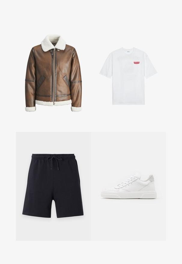 Brown leather bomber jacket with a white shearling collar and cuffs, featuring zip closure and side pockets. Accented with leather trim.; White cotton t-shirt featuring short sleeves, crew neck, and a red graphic text "DELICIOUS REFRESHING FRUIT" on the front.; Black cotton shorts with an elastic waistband and drawstring, featuring a simple design and smooth texture.; White leather sneakers with a smooth finish, rounded toe, flat laces, and a textured sole. Grey suede accent at the heel.
