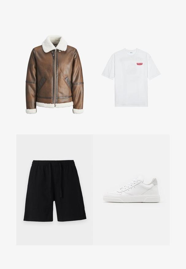 Bruine leren bomberjack met een witte schapenvacht kraag en manchetten, met ritssluiting en zijzakken. Aangevuld met leren afgewerkte details.; Witte katoenen t-shirt met korte mouwen, ronde hals en een rode grafische tekst "LEKKER VERFRISSEND FRUIT" aan de voorkant.; Zwarte shorts van lichtgewicht materiaal met een elastische tailleband en trekkoord. Heeft een relaxte pasvorm en geen zichtbare zakken.; Witte leren sneakers met een gladde afwerking, ronde neus, platte veters en een gestructureerde zool. Grijze suède accent bij de hiel.