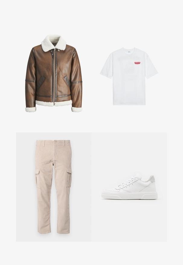 Brūna ādas bumbieru mēteli ar baltu kažokādas apkakli un aprocēm, izceļas ar rāvējslēdzēju un sānu kabatām. Akcentēts ar ādas apdari.; Balta kokvilnas T-kreklu ar īsām piedurknēm, apaļu kakla izgriezumu un sarkanu grafisku tekstu "GARDI ATSPIRDZINOŠI AUGĻI" priekšpusē.; Beidzējo krāsas korduroja kargo bikses ar taisnu piegriezumu, ar sānu kabatām un teksturētu apdari. Pogcas slēgšana jostasvietā.; Baltie ādas sporta apavi ar gludu virsmu, noapaļotu purngalu, plakaniem šņorēm un reljefa zoli. Pelēks zamšādas akcenti pie papēža.